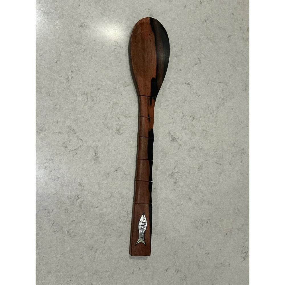 Handcrafted Two Tone Wood Serving Spoon Mother of Pearl Fish Inlay Bamboo Handle